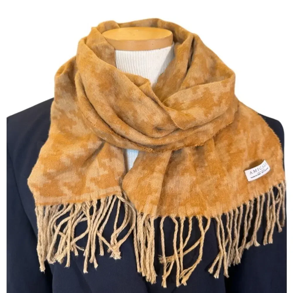 Amicale 100% Silk Houndstooth Plaid Scarf Wrap Tan Camel Fringe Preppy Heritage